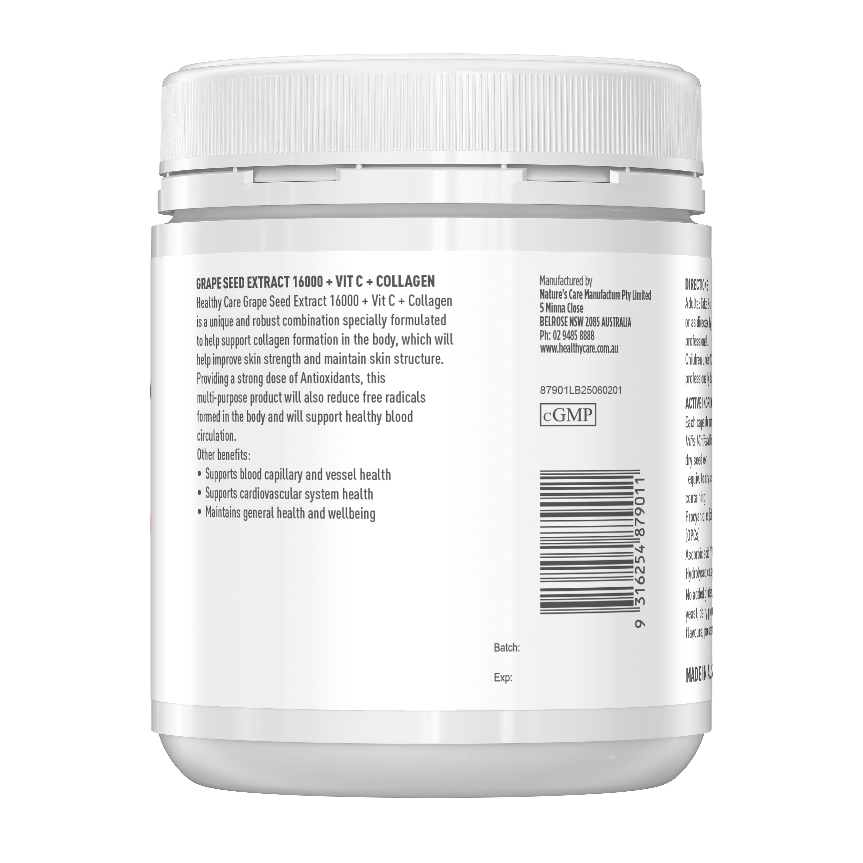 Healthy Care Plus Grapeseed Extract 16000 + Vit C + Collagen 180 Capsules