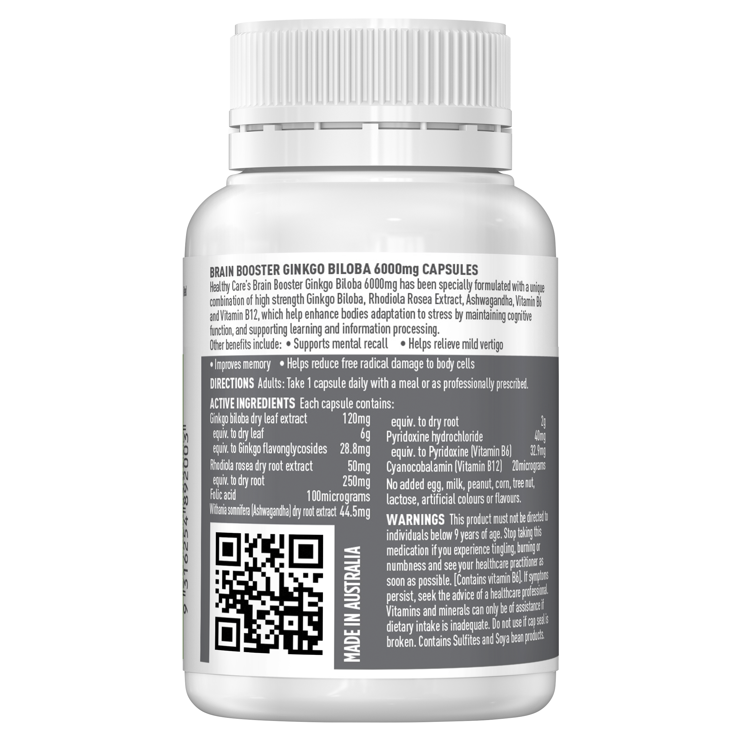 Healthy Care Brain Booster Ginkgo Biloba 6000mg 60 Caps - Healthy Care Australia