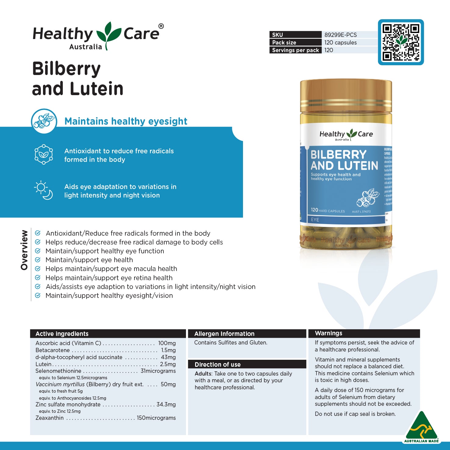 Healthy Care Bilberry and Lutein 120 Capsules