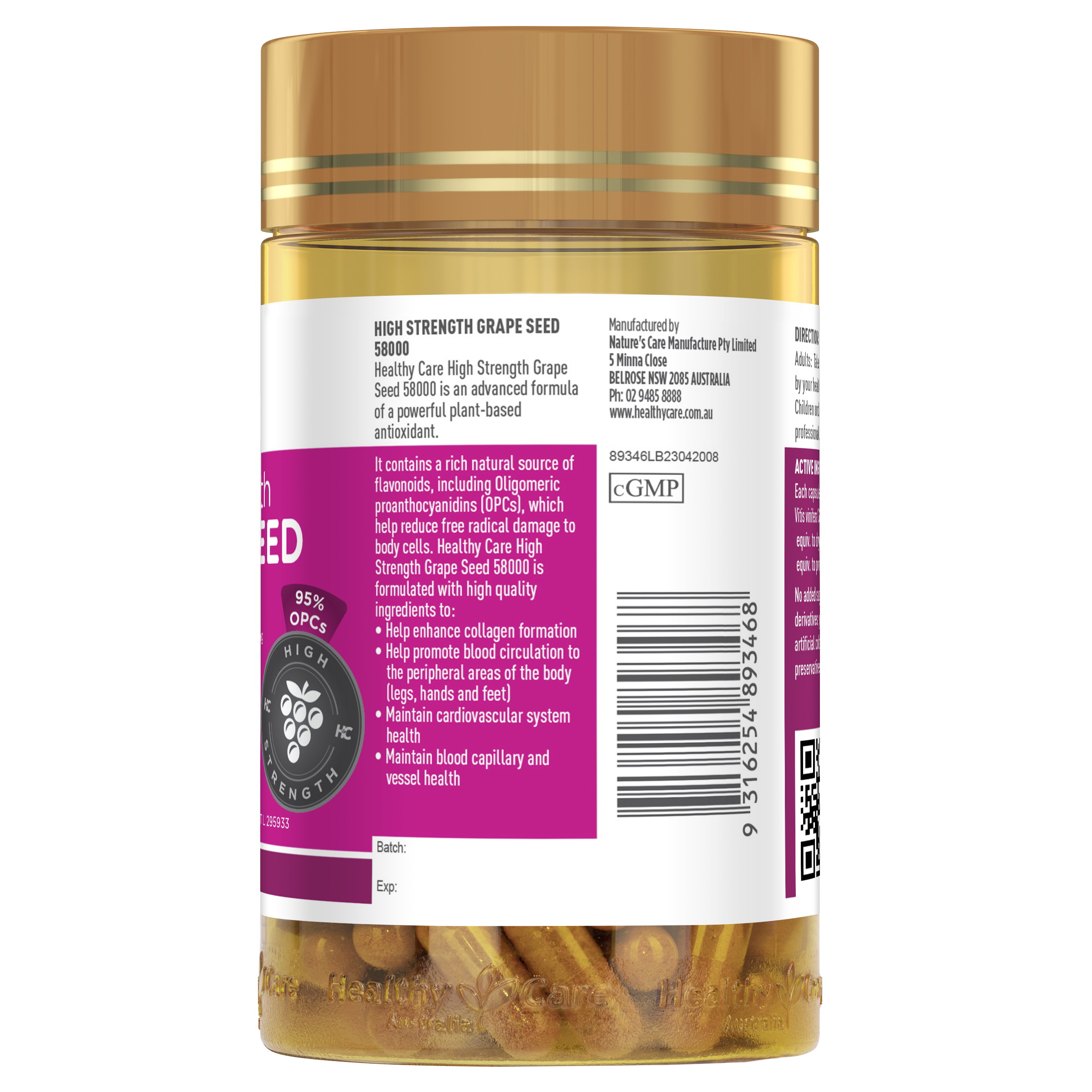 Healthy Care High Strength Grape Seed 58000 - 200 capsules - Healthy Care Australia