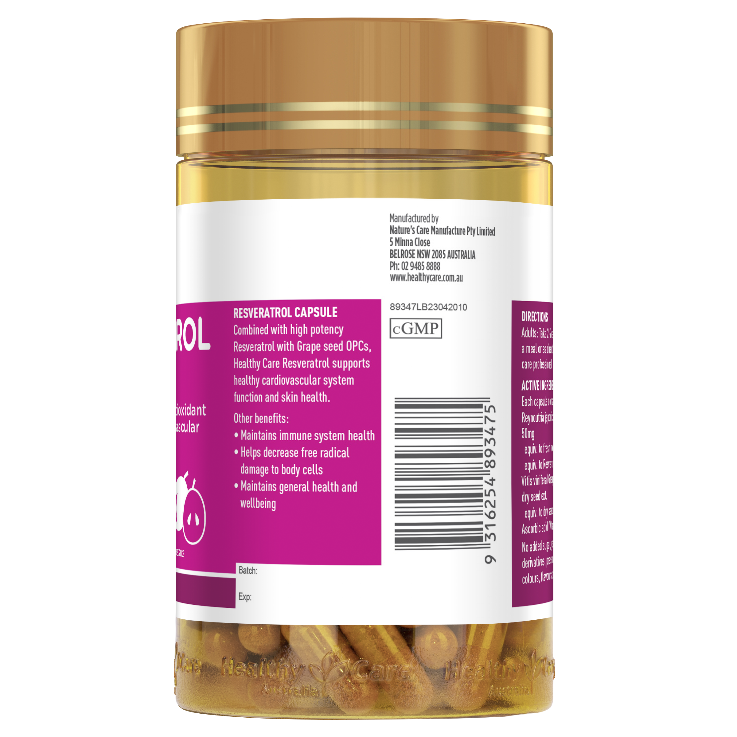 Healthy Care Resveratrol Capsule - 180 Capsules - Healthy Care Australia