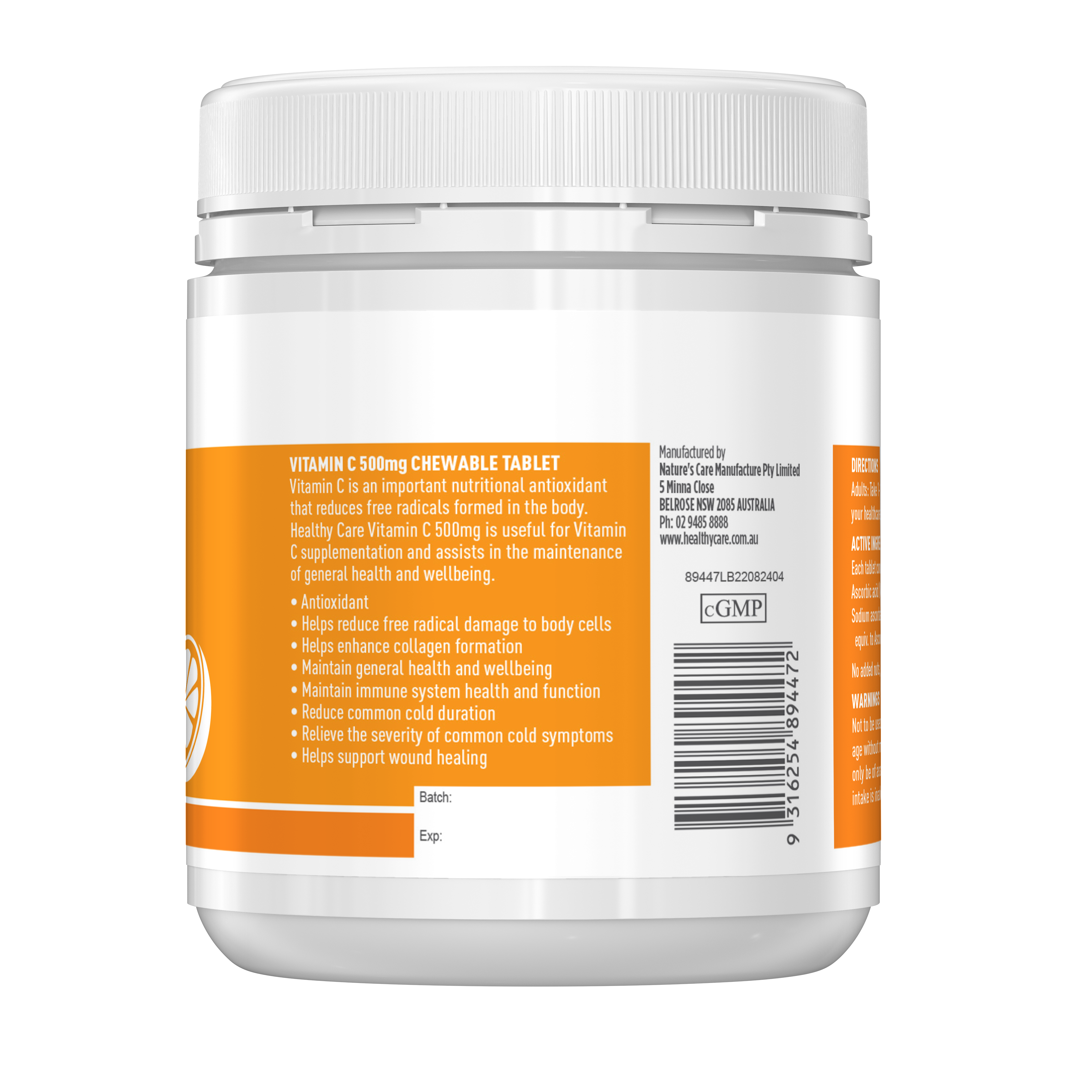 Healthy Care Vitamin C 500mg Chewable - 300 Tablets - Healthy Care Australia