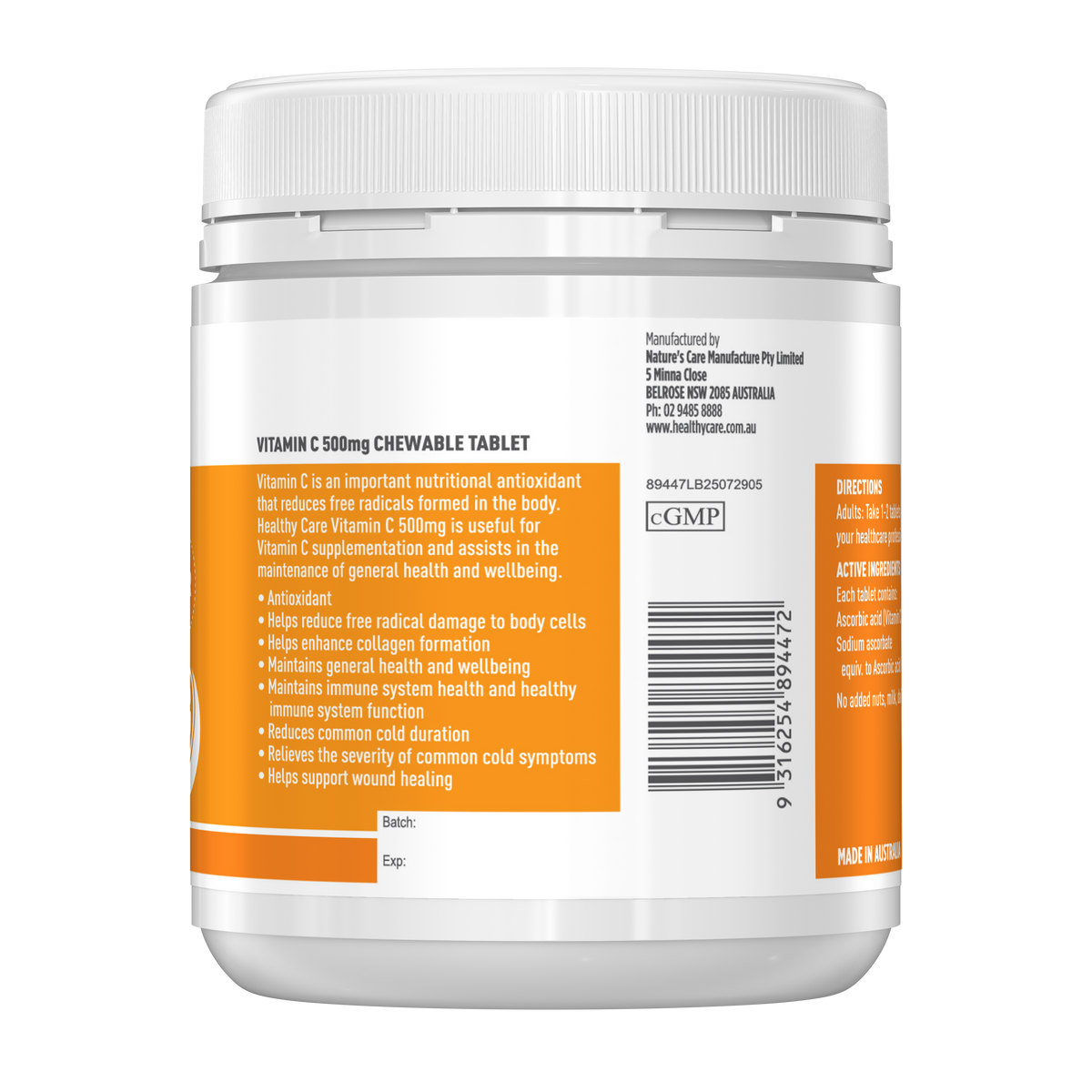 Healthy Care 维生素 C 500 毫克咀嚼片 - 300 粒