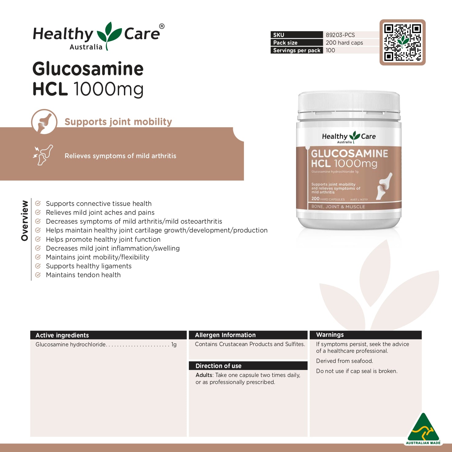 Healthy Care Glucosamine HCL 1000mg - 200 Capsules
