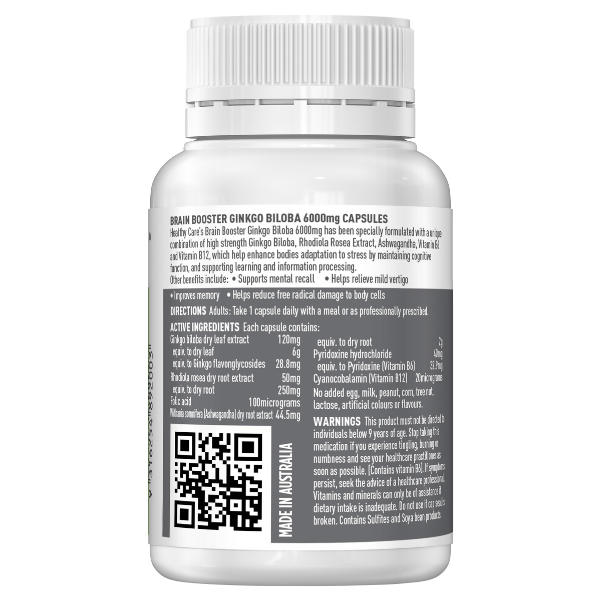 Healthy Care Brain Booster Ginkgo Biloba 6000mg 60 Caps