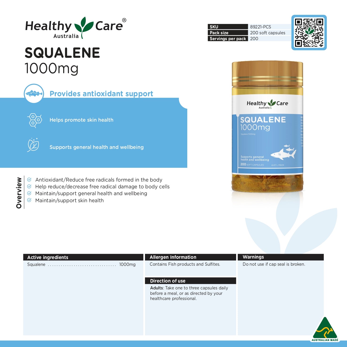 Healthy Care Squalene 1000mg - 200 Capsules