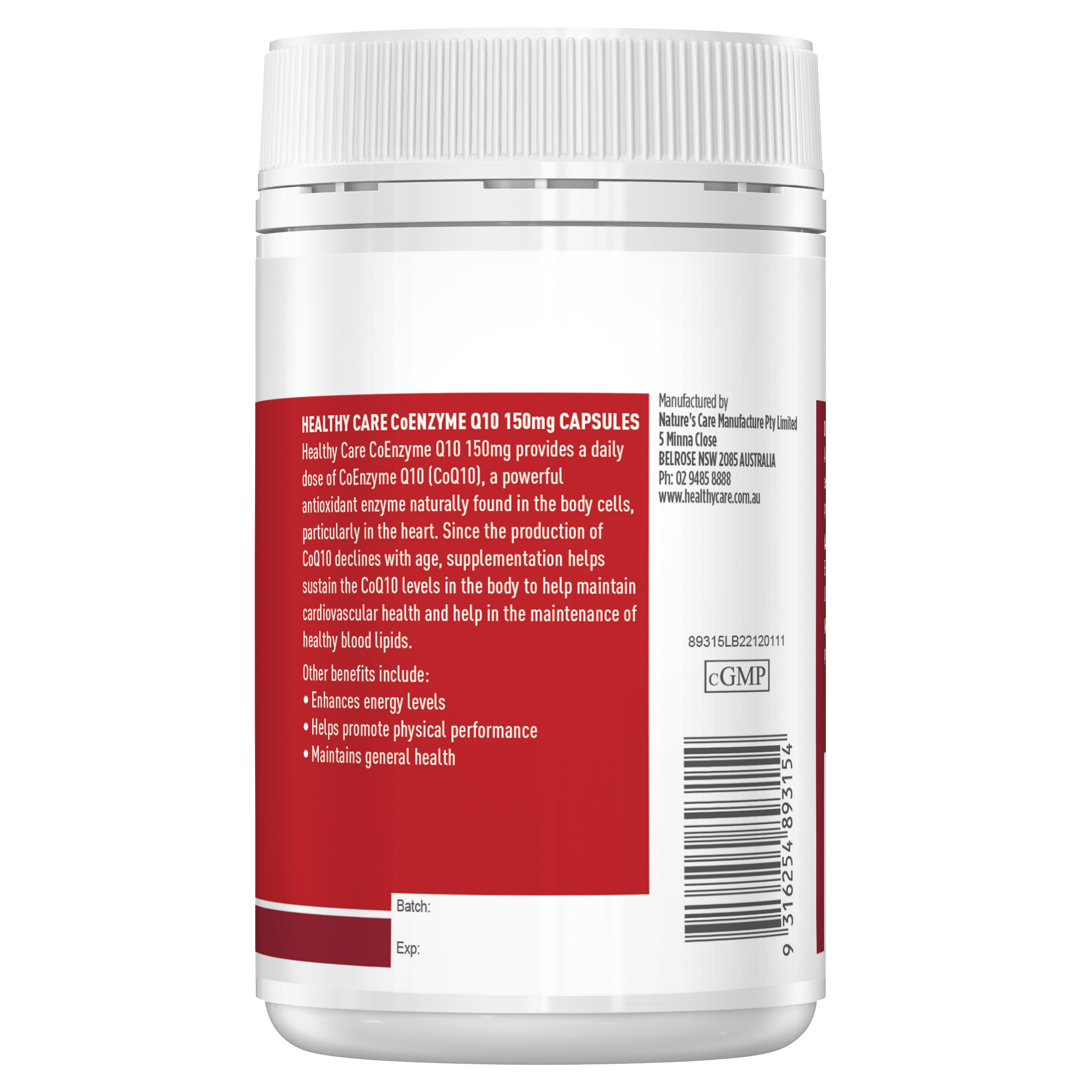 Healthy Care CoEnzyme Q10 150mg - 100 Capsules - Healthy Care Australia