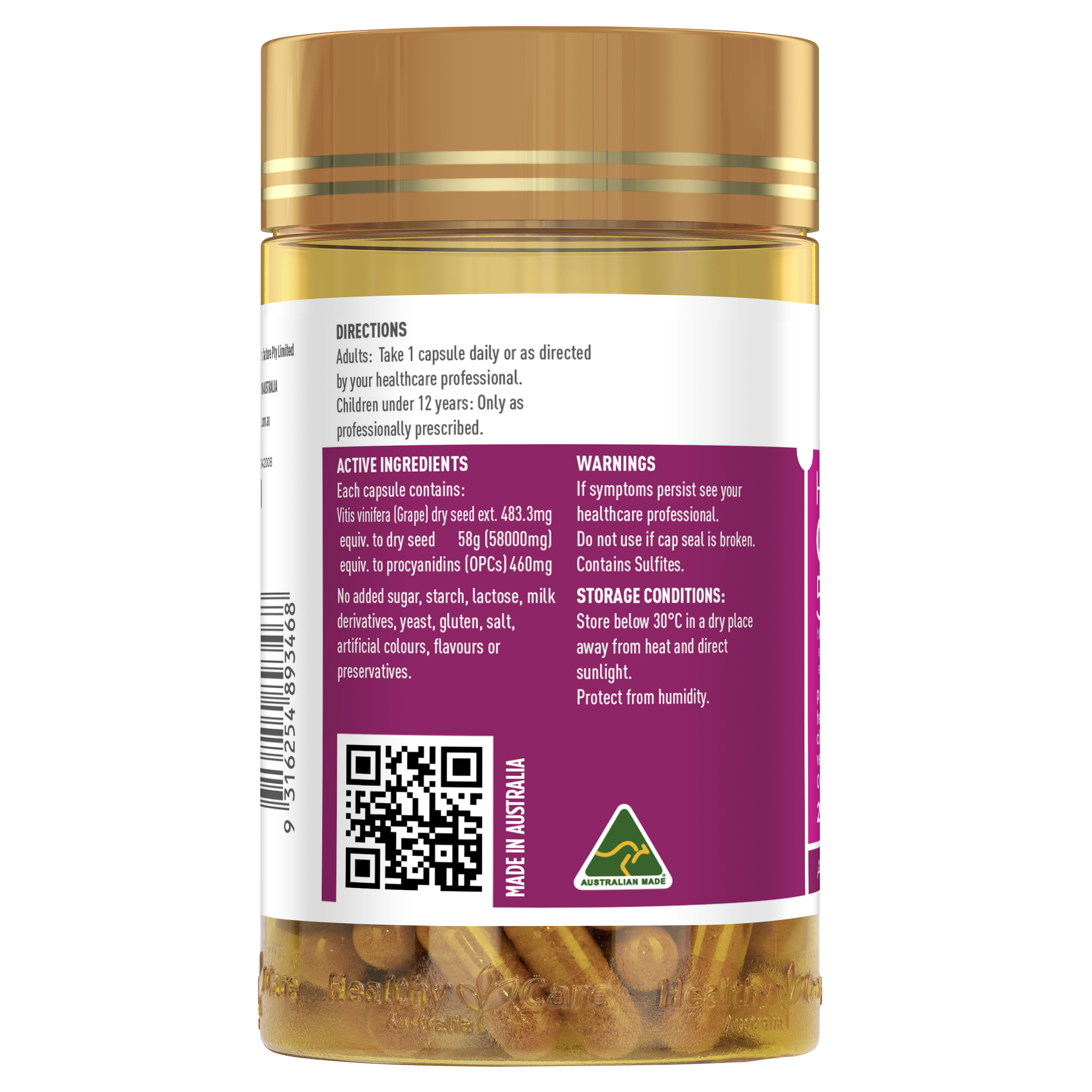 Healthy Care High Strength Grape Seed 58000 - 200 capsules - Healthy Care Australia