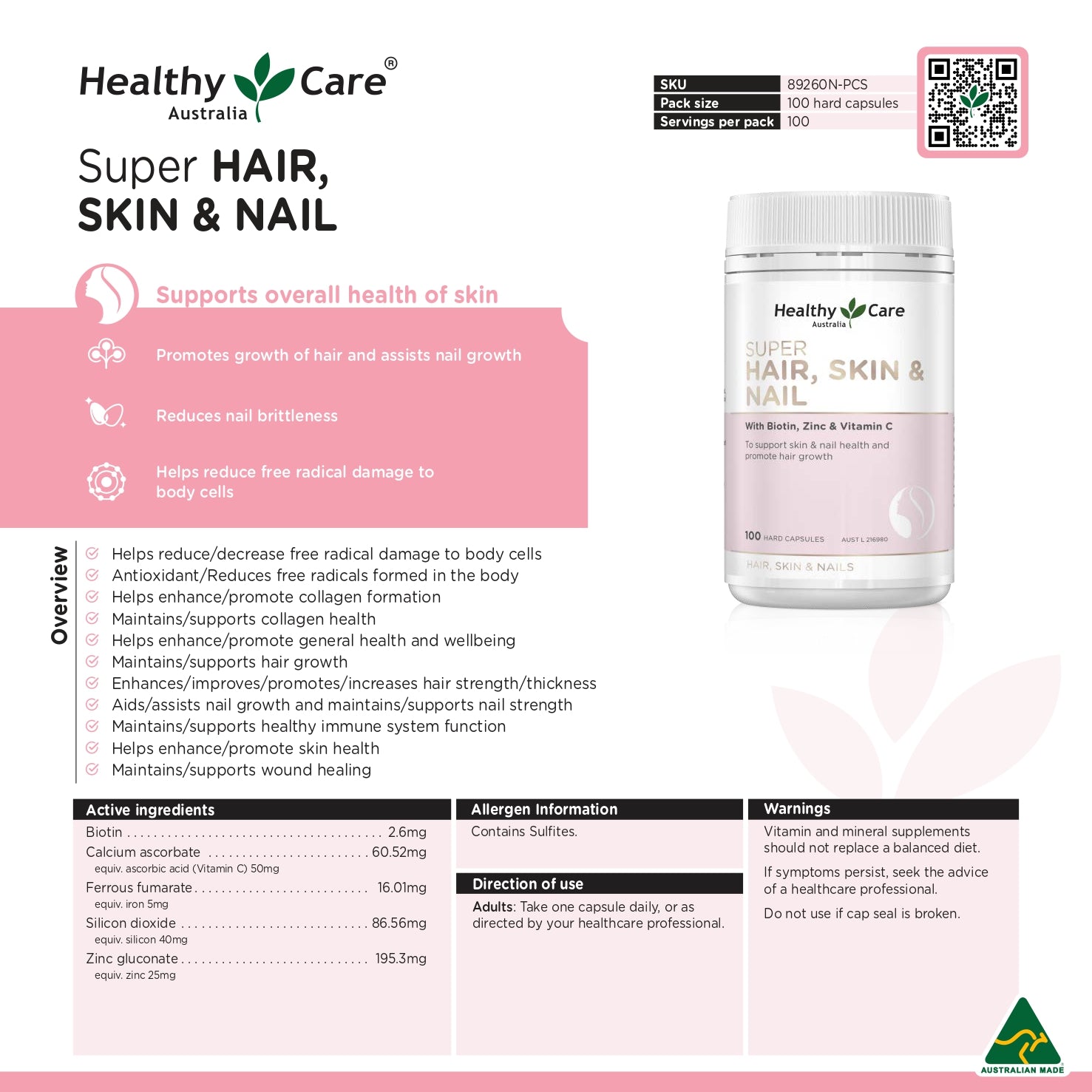 Healthy Care Super Hair, Skin & Nails - 100 Capsules