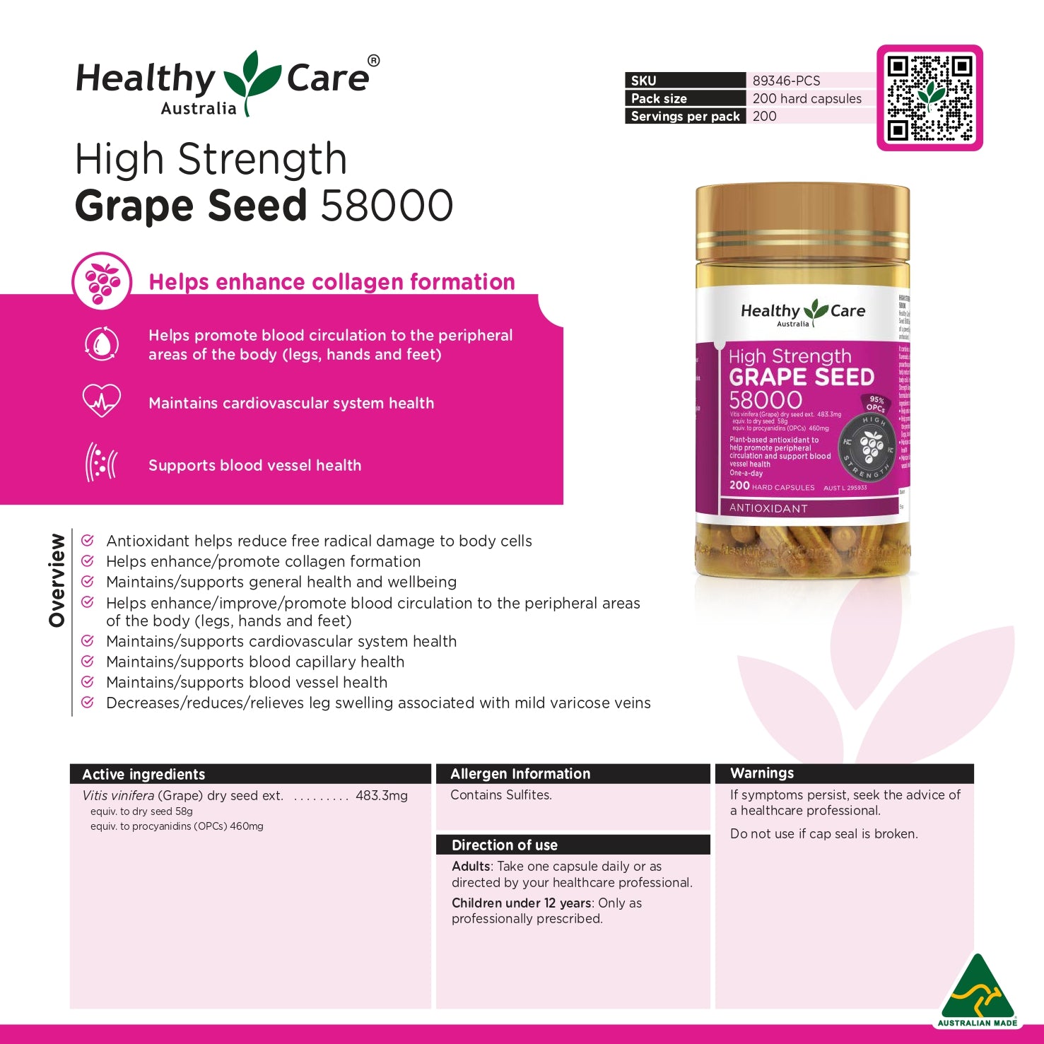 Healthy Care High Strength Grape Seed 58000 - 200 capsules